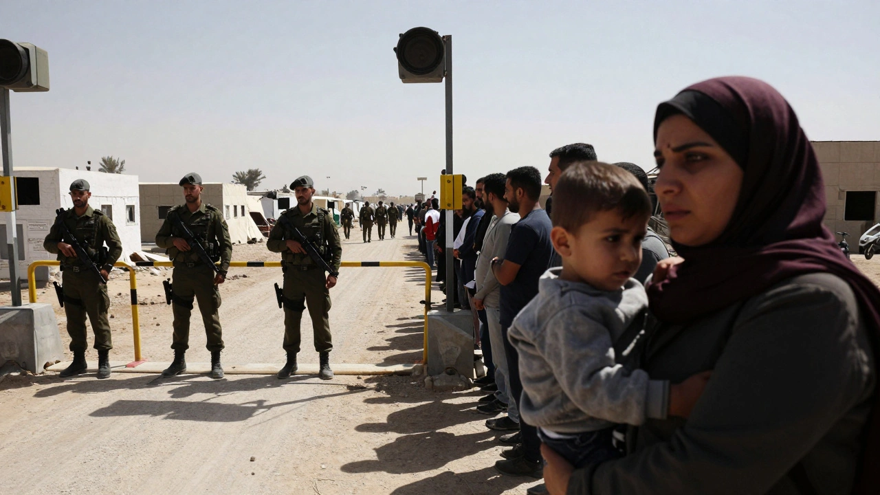 Lebanese checkpoint at Ein el-Hilweh camp, refugees waiting anxiously under dusty sky