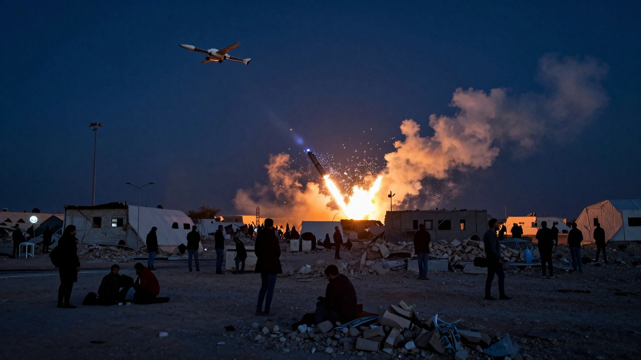 Nighttime camp scene with Israeli drone and Hezbollah rocket launch, refugees taking cover