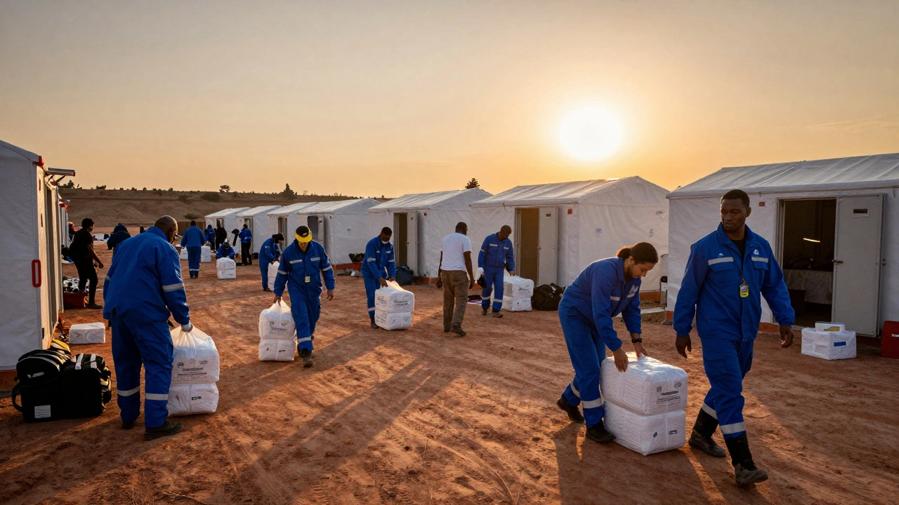 Public health team setting up emergency medical station during disaster response