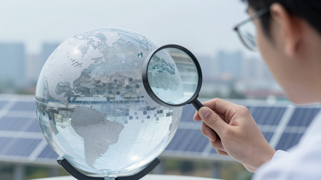 Scientist examining transparent globe with fragmented data, highlighting transparency issues in climate plans.