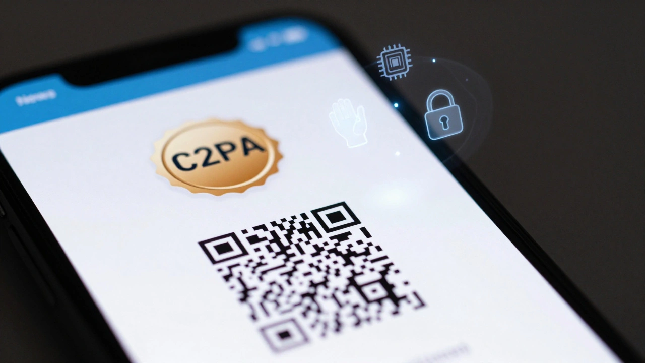 Smartphone screen showing a news article with a visible C2PA verification badge and QR code for digital authenticity.