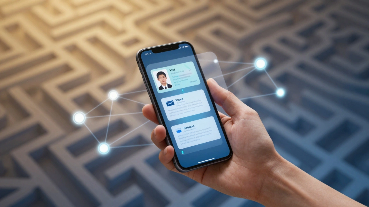 Smartphone with layered AI detection systems overlaying forged ID, phishing email, and connected fraudulent accounts.