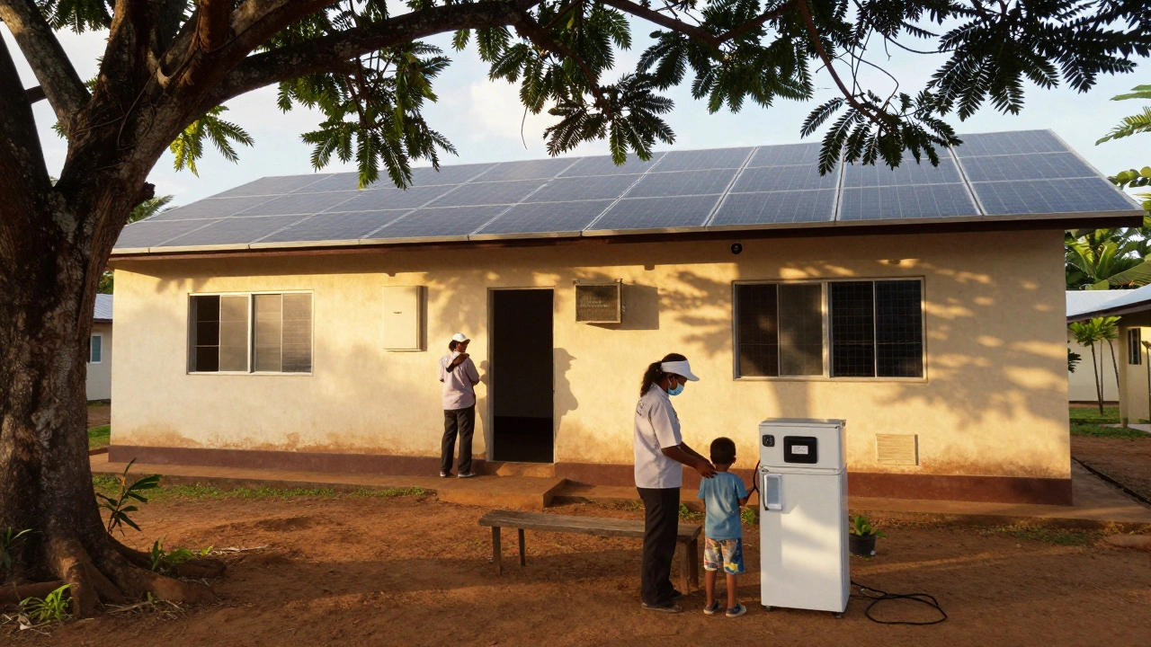 Solar-powered rural clinic with natural ventilation and a child receiving a vaccine under a tree.
