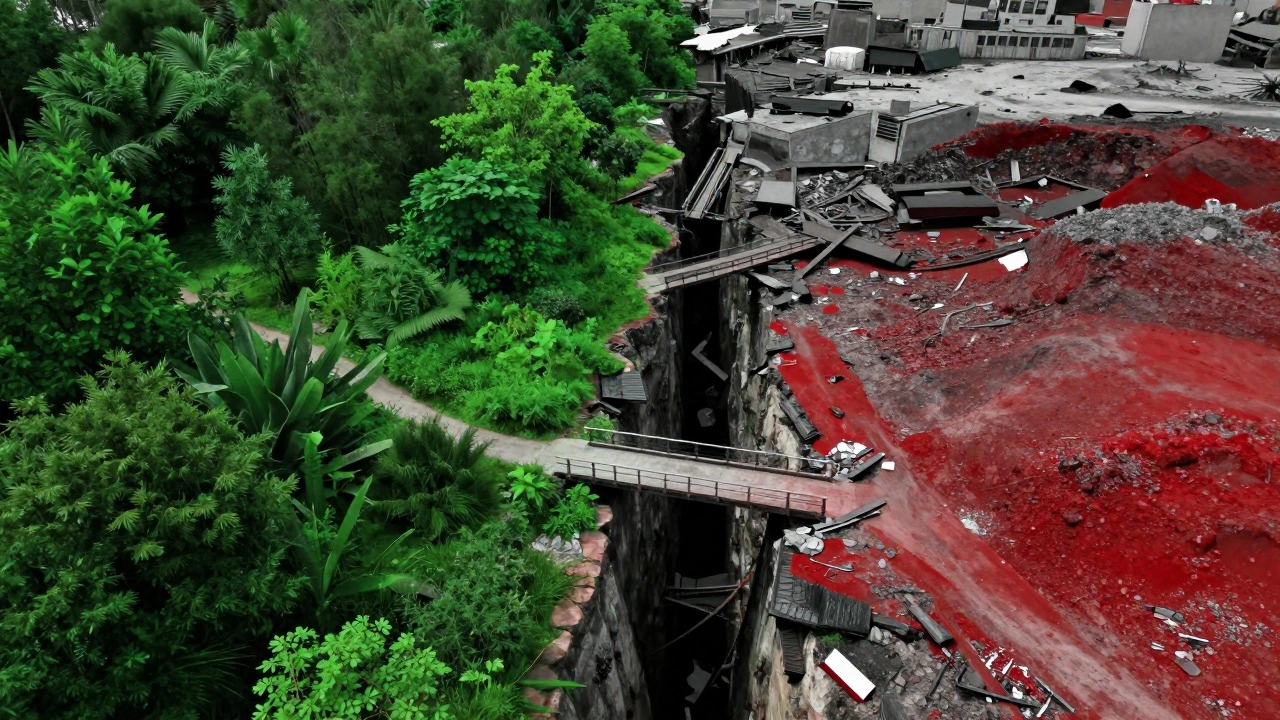 Split Earth: thriving ecosystem vs polluted landscape, separated by chasm showing climate ambition gap.