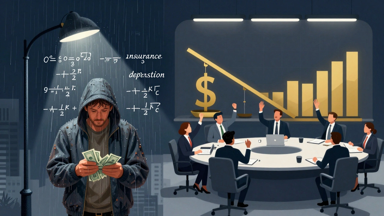 Split image: worker counting cash after expenses vs. executives celebrating profit graphs in boardroom.
