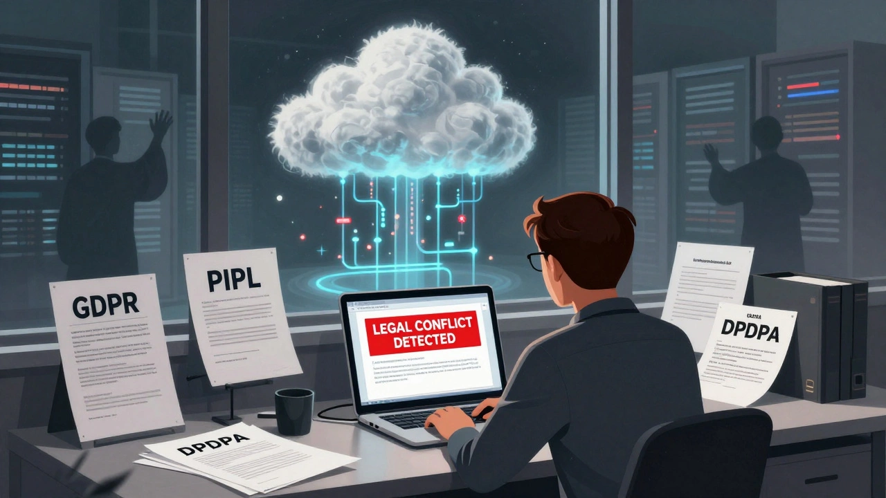 Startup founder overwhelmed by conflicting international data laws on a cluttered desk.