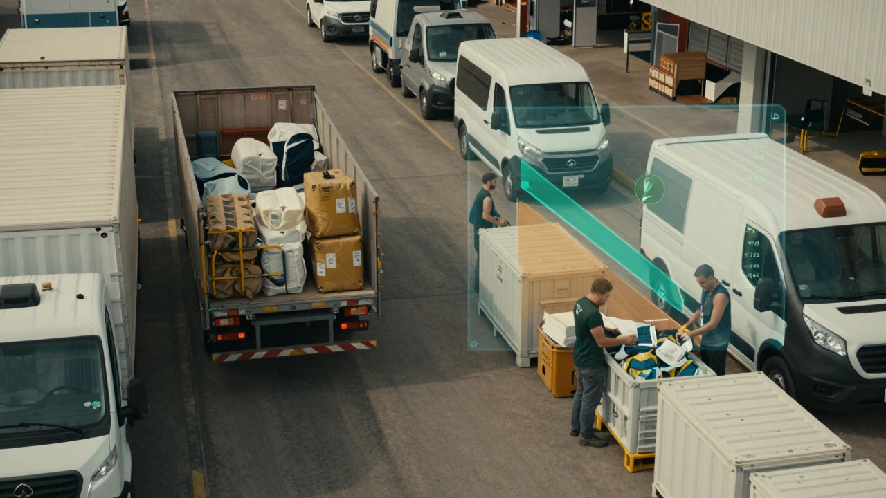 Supply chain transformation: old fossil-fuel vehicles and plastic packaging replaced by electric vans and reusable containers.