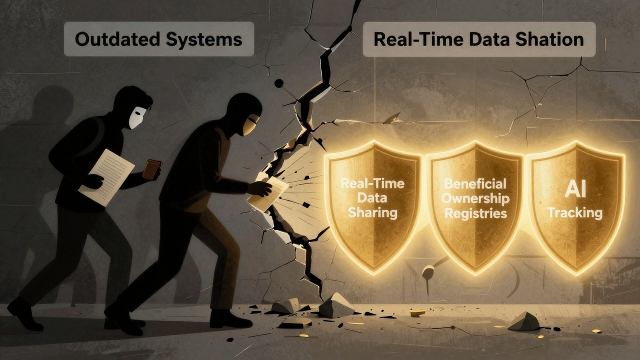 Symbolic contrast between shadowy evasion tactics and a glowing wall of modern enforcement tools.