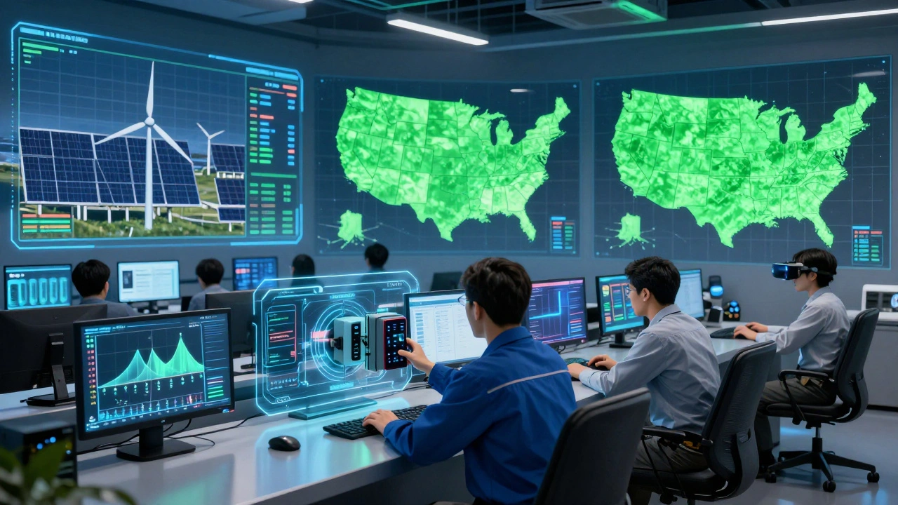 Technicians in a grid control room monitoring energy flows via holographic interfaces and VR training.