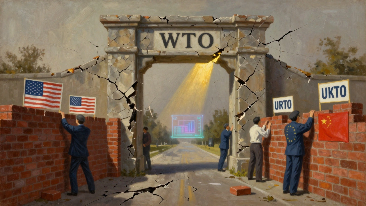 The WTO symbol crumbling as nations build walls of tariffs, while a faint AI hologram glows in the distance.