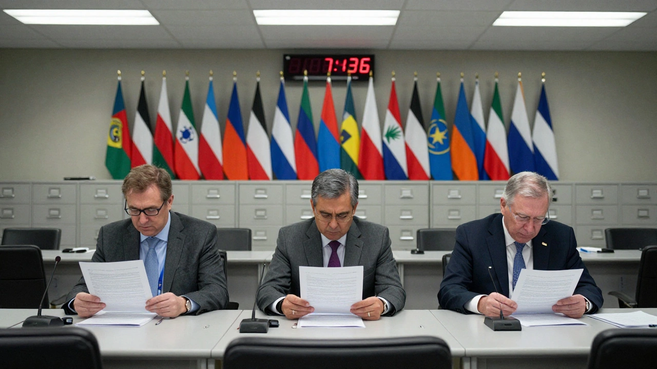 Three anonymous experts reviewing legal documents in a sterile WTO room under fluorescent lights.