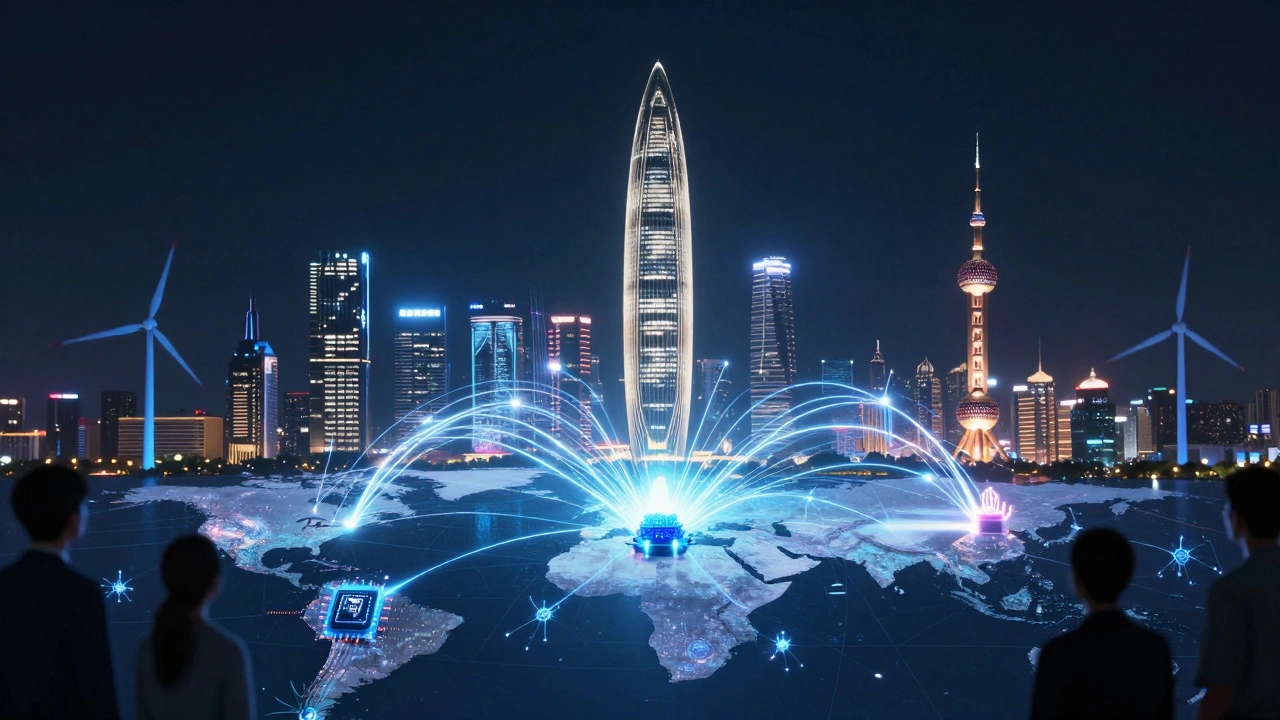 Three Chinese cities connected by glowing tech networks, overshadowing global innovation hubs.