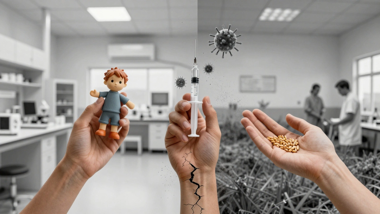 Three fading hands—child, doctor, farmer—each releasing resistant bacteria, against a divided background of modern and rural healthcare.