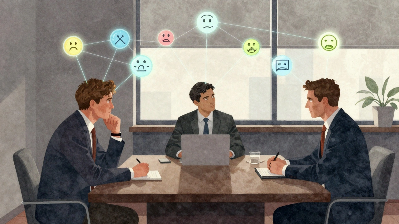 Three leaders in a boardroom connected by glowing threads representing emotional and systemic relationships.