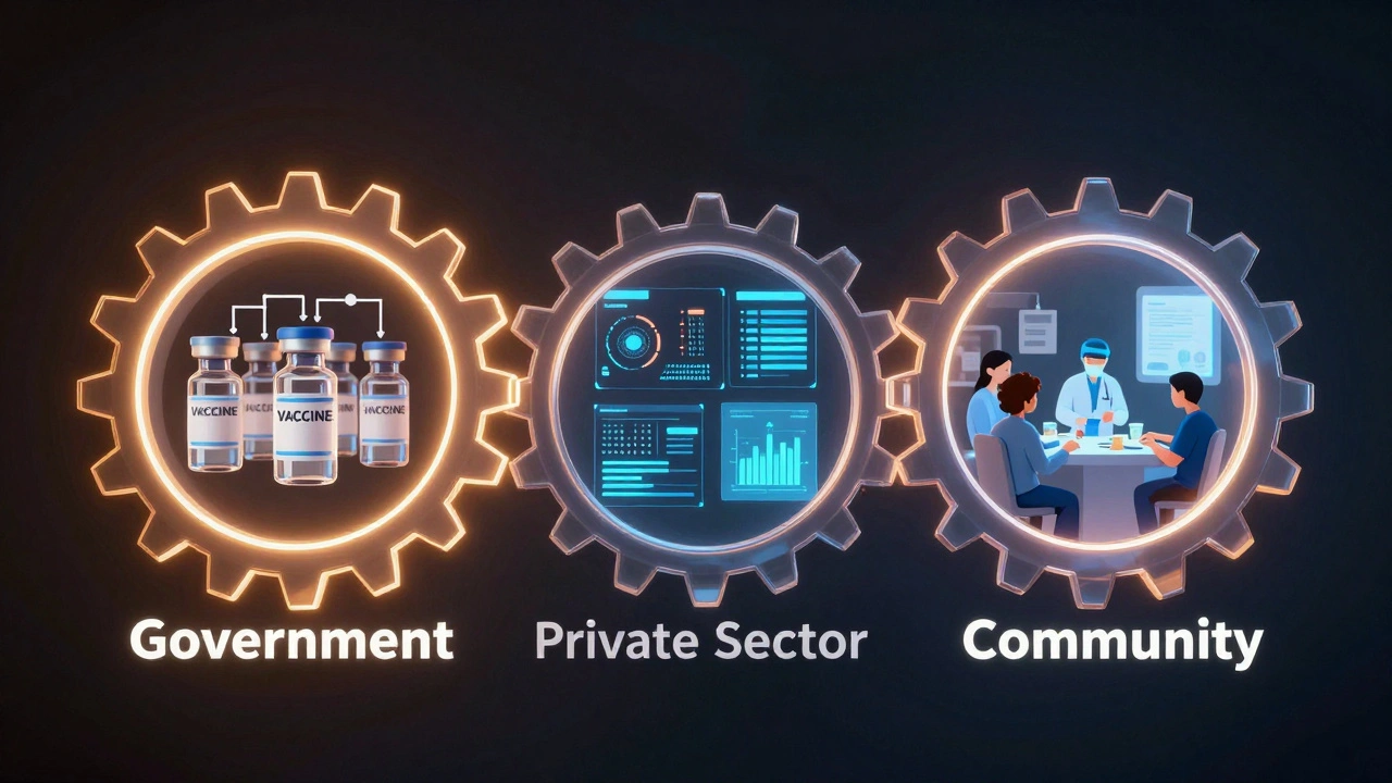 Three transparent interlocking gears labeled Government, Private Sector, and Community, showing health supply chains and data flows.