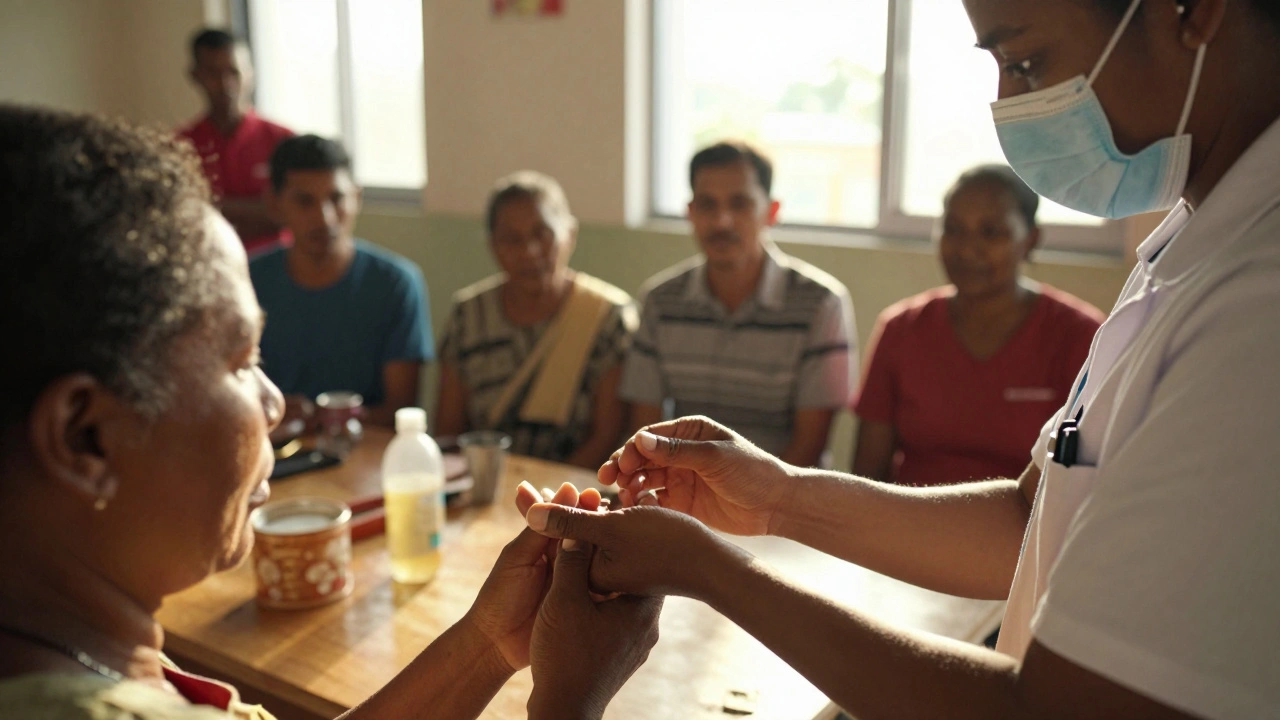 Trainee teaching health techniques in a rural clinic setting