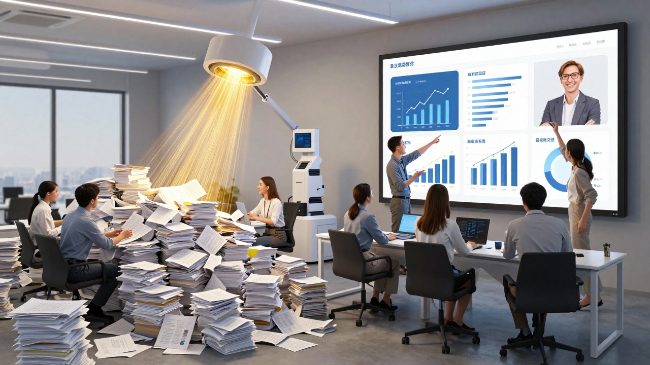 Transformed workplace: employees shifting from paper chaos to creative collaboration powered by AI insights.