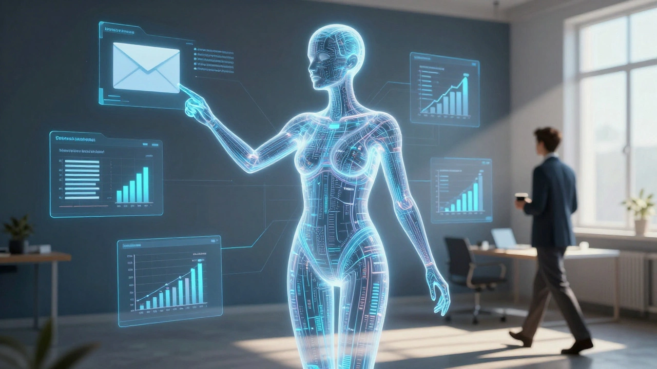 Transparent AI agent performing multiple business tasks while entrepreneur walks away.