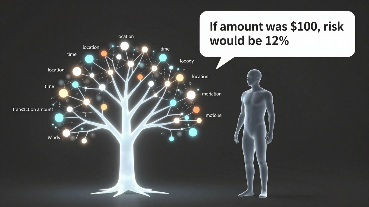 Transparent AI model explaining a fraud decision using data branches and counterfactual analysis for a human user.
