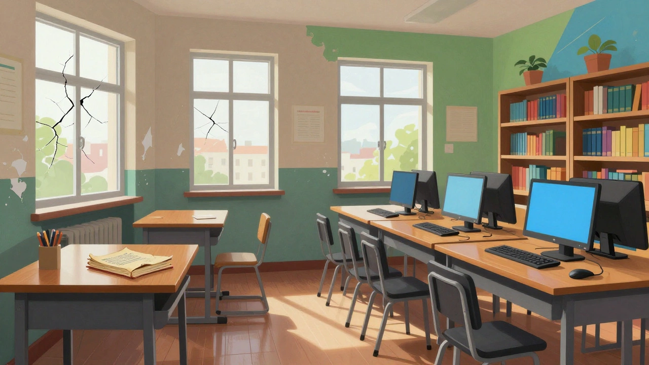 Two classrooms side by side showing educational resource disparity