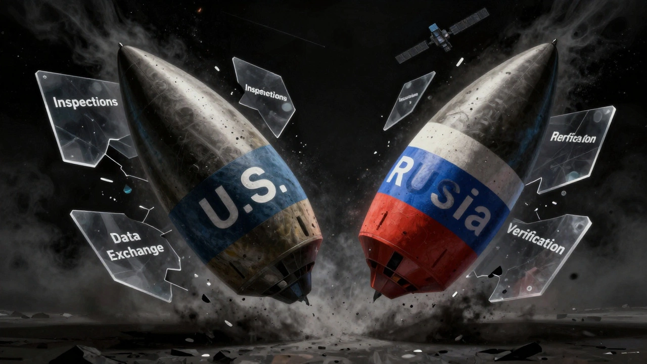 Two nuclear warheads floating as transparent safeguards crumble into dust around them.