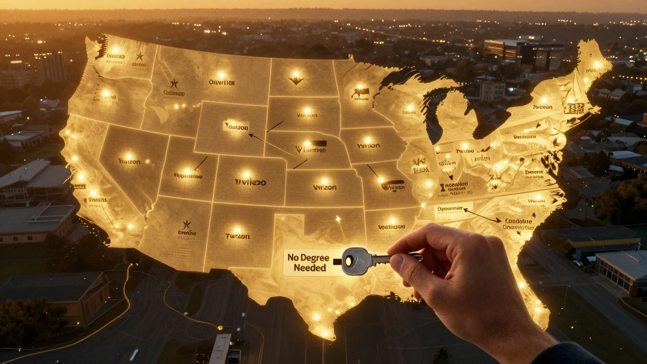 U.S. map with glowing apprenticeship hubs across states, a hand placing a key labeled 'Opportunity' into a lock.