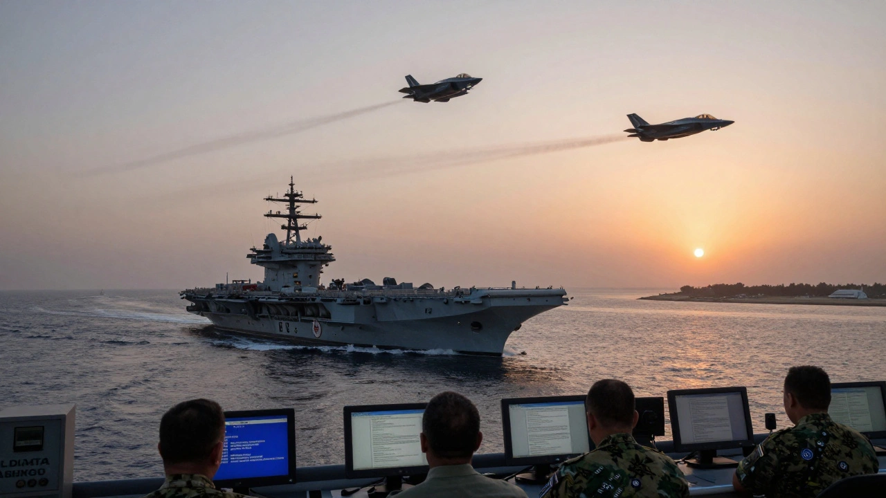 U.S. Navy carrier strike group sailing in the Strait of Hormuz at dawn, with fighter jets in the sky and distant coastline.
