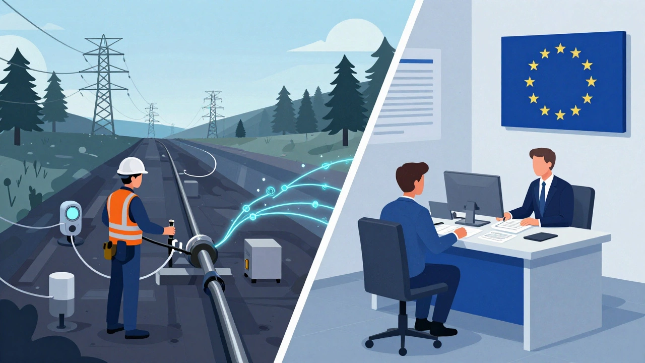 Undersea electricity cable connecting Norway and Germany, with engineers and EU officials working together on a streamlined permitting process.