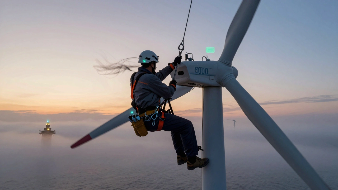 Wind technician climbing a massive offshore turbine at dawn, with glowing sensors and AI alerts around them.
