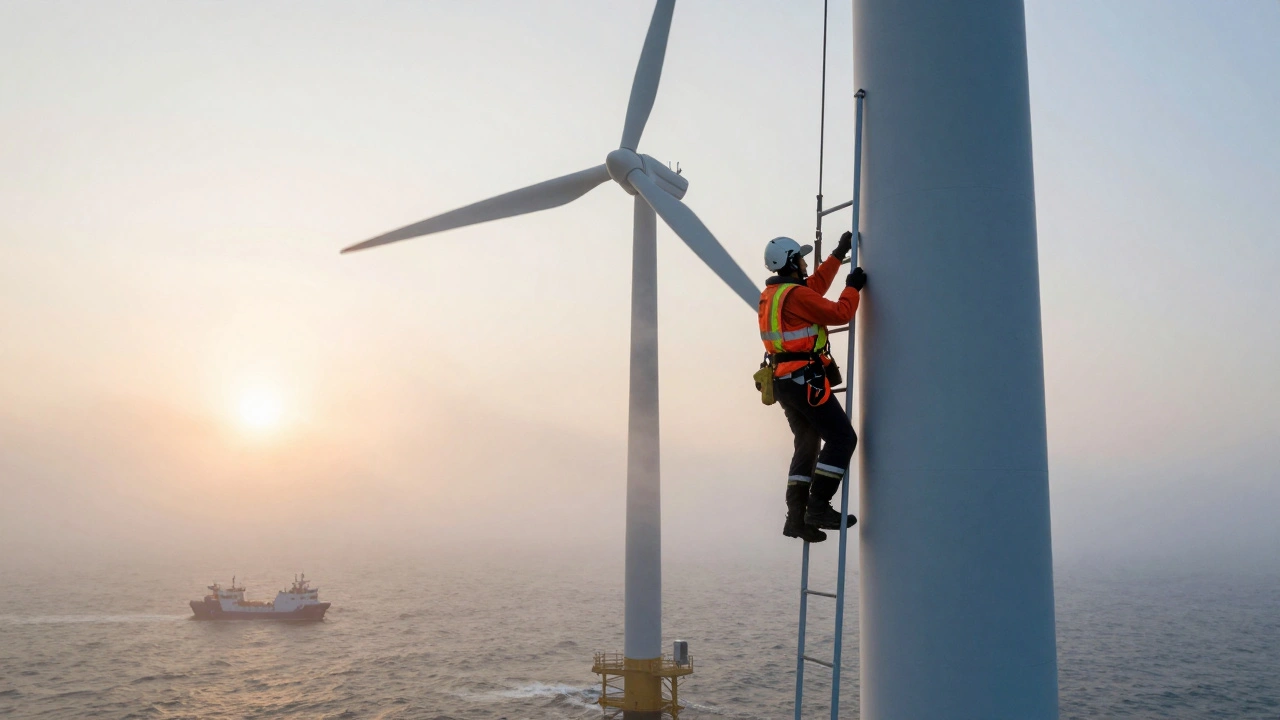Wind turbine technician climbing a tall offshore turbine at dawn with ocean in background