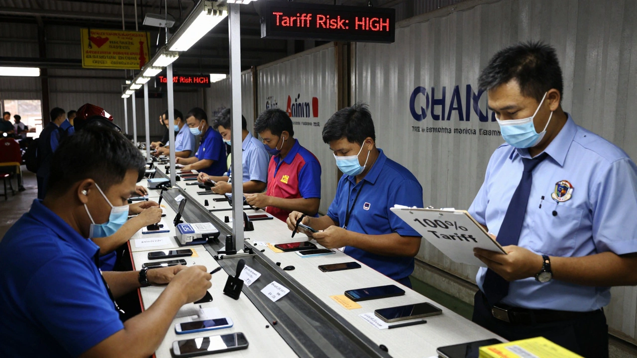 Workers assembling electronics in Vietnam under U.S. tariff scrutiny, with components labeled 'Made in China'.