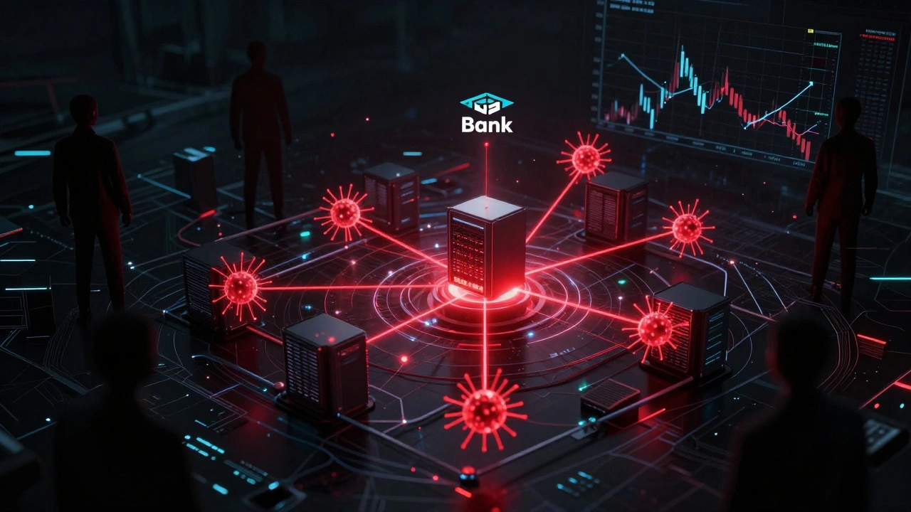 A bank's cyber network under attack, with shadow lenders and sovereign debt risks looming nearby.