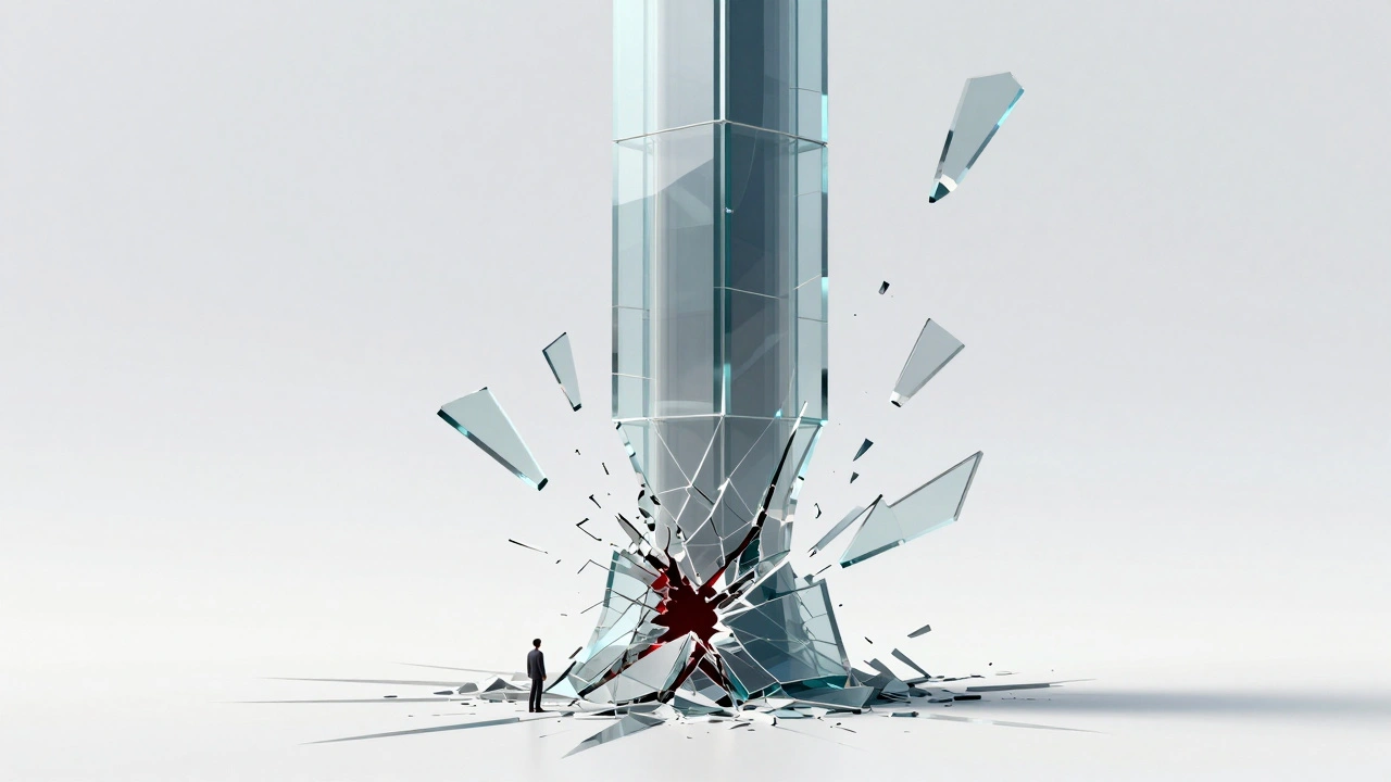 A cracked glass pillar symbolizing the erosion of institutional stability and trust.