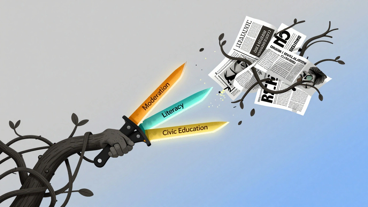 A dark vine of false information being cut by three glowing blades representing moderation, literacy, and civic education.