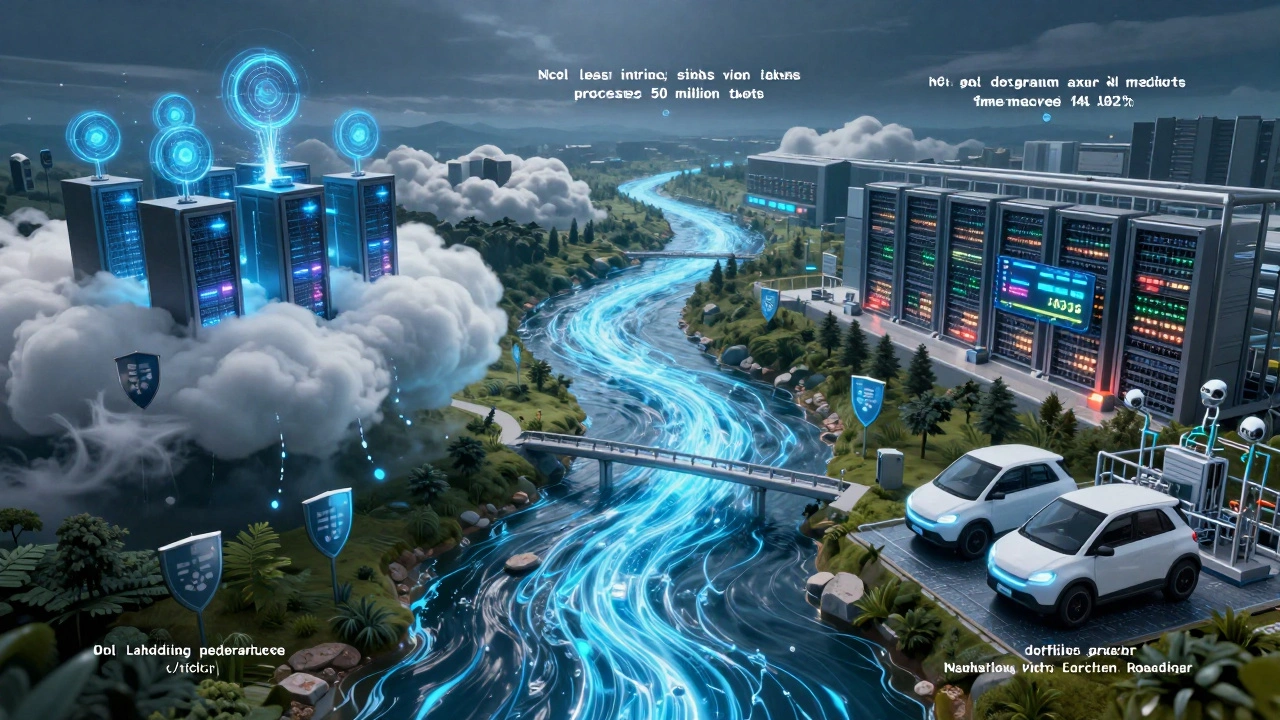 A data flow metaphor illustrating how AI workloads move from cloud training to on-prem inference and edge decision-making.