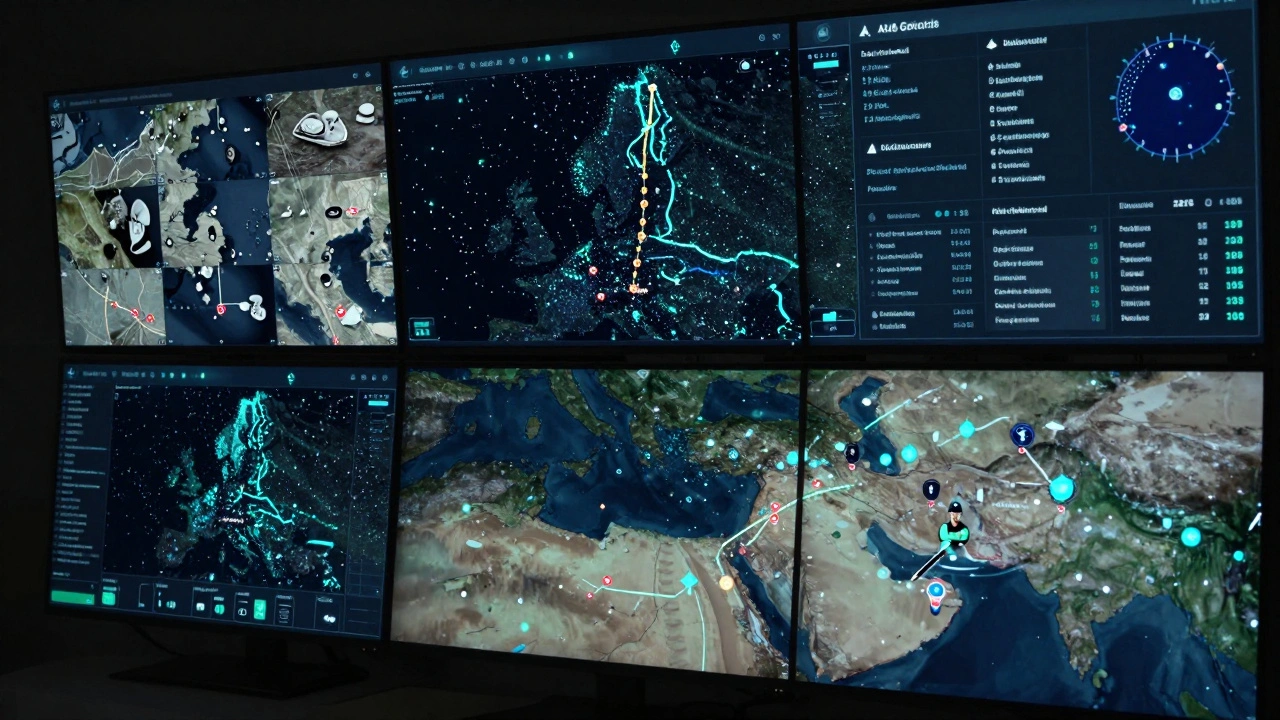 A digital command center displays real-time maritime data from satellites and ship trackers, highlighting coordinated surveillance.