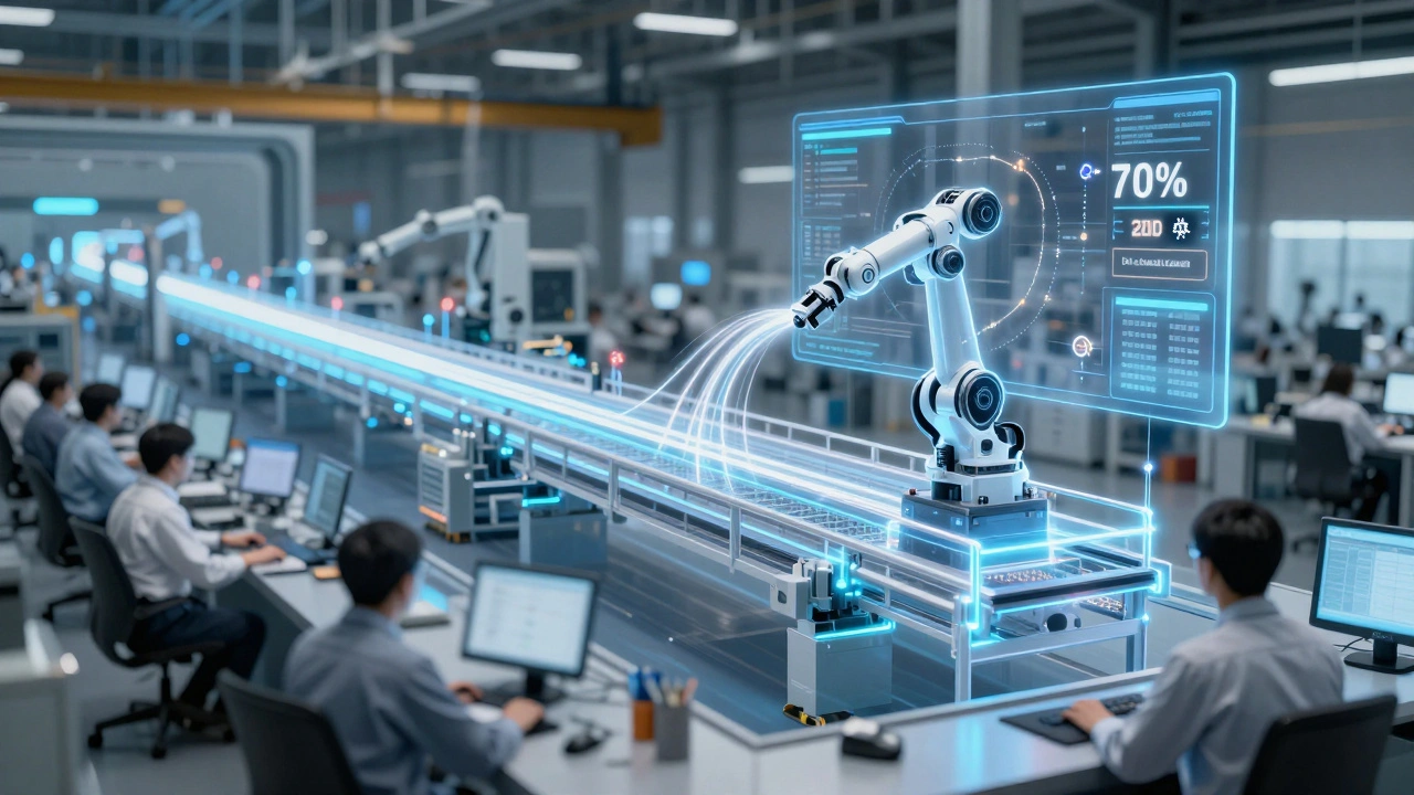 A digital twin simulation overlays a factory's real assembly line, showing optimized robot movement and guardrail adjustments.