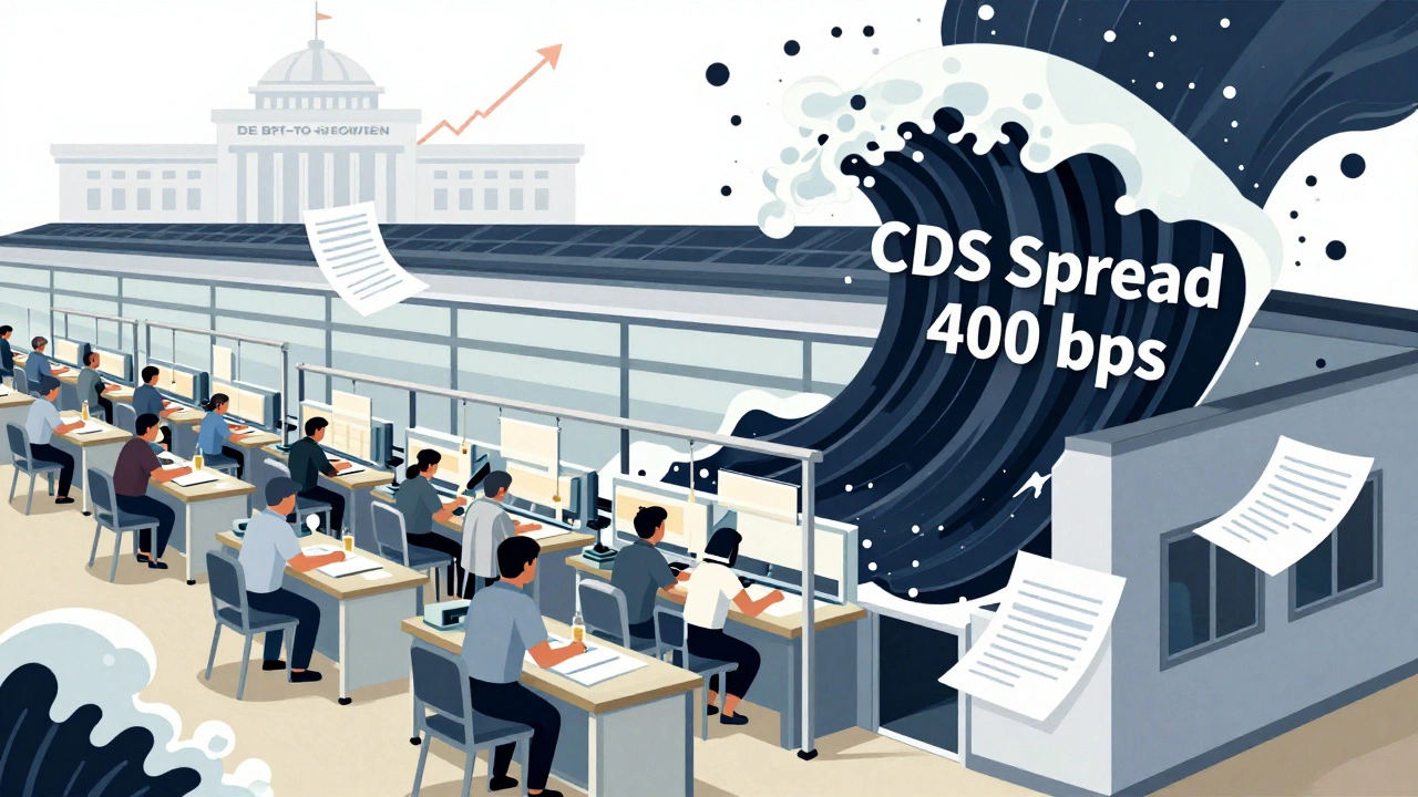 A factory under financial stress as CDS spread waves crash over it, symbolizing sovereign risk spillover.