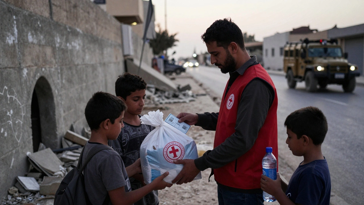 A family receives food aid in Gaza, scanning a QR code as a sealed tunnel lies behind them, symbolizing disarmament.
