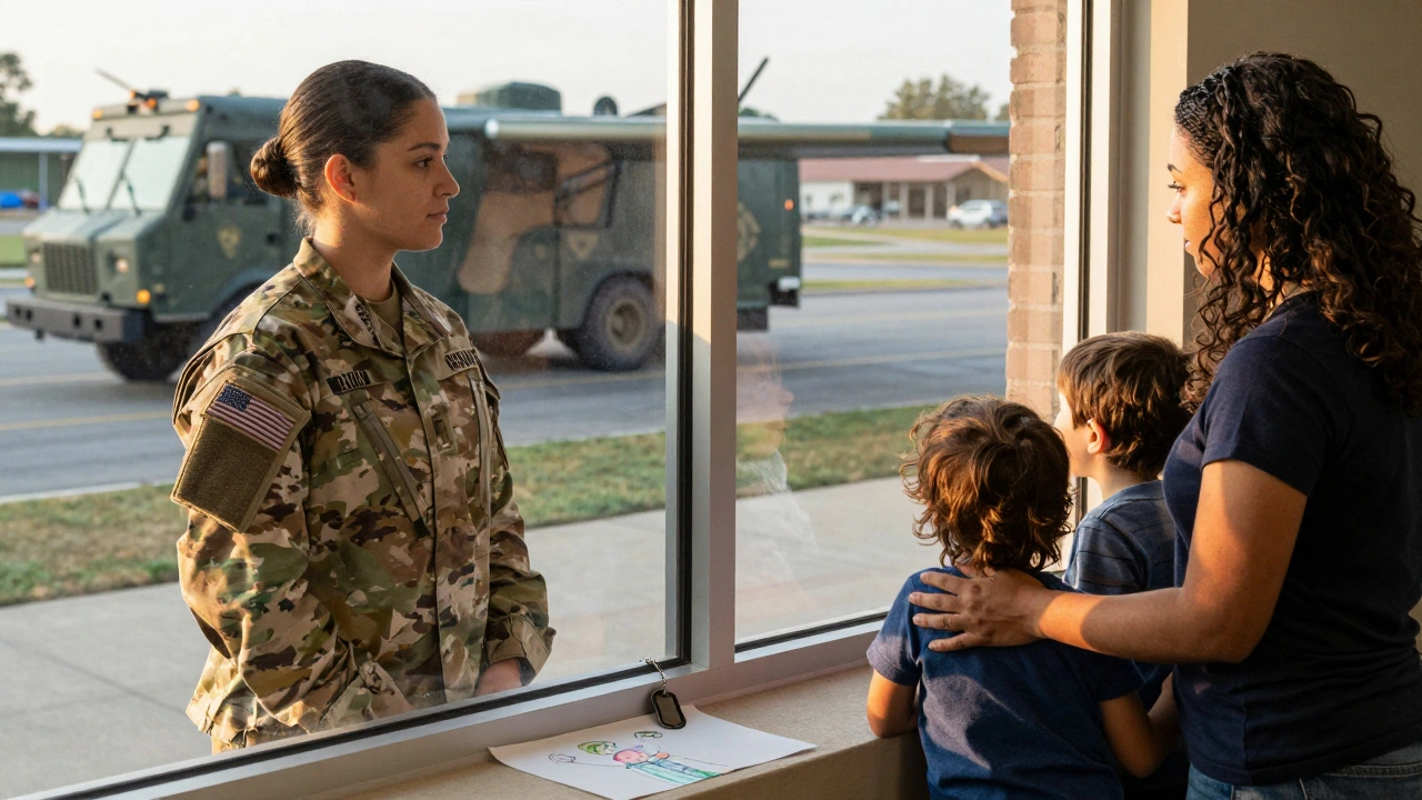 A female soldier watches her child at a military daycare while her transport waits outside, golden light casting long shadows.