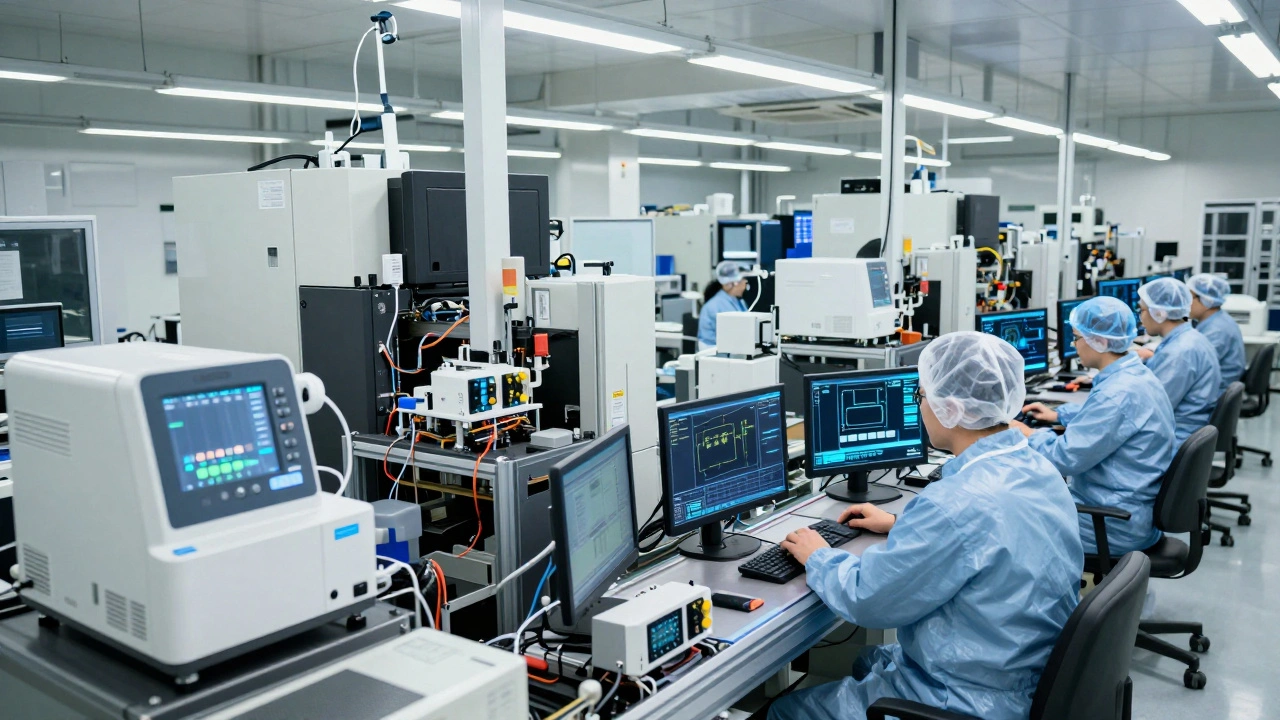 A flexible production line switching between medical devices and consumer electronics, monitored by operators using digital interfaces.