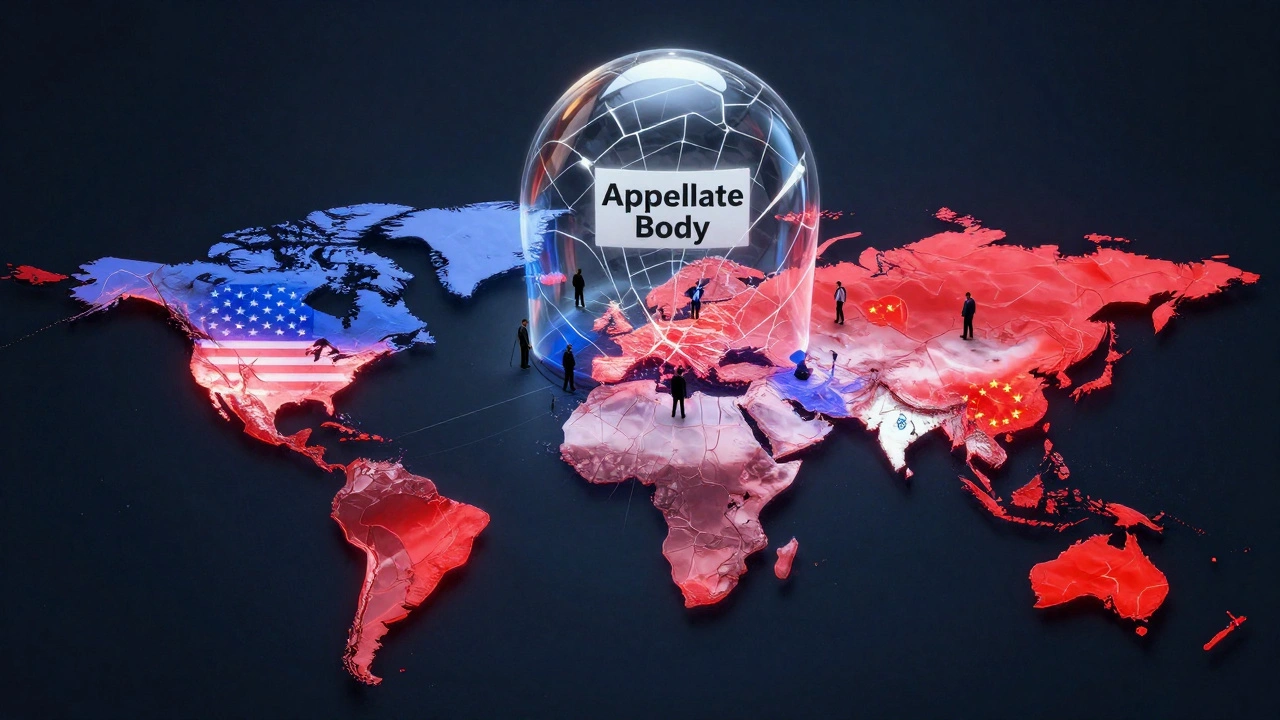 A fractured global map with frozen trade disputes under a cracked glass dome labeled 'Appellate Body'.