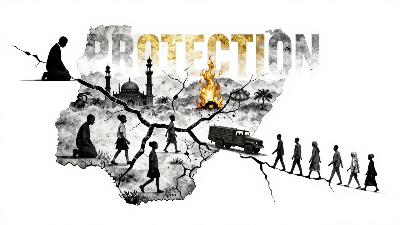 A fractured map of Nigeria with silhouettes of victims and refugees spreading into neighboring countries.