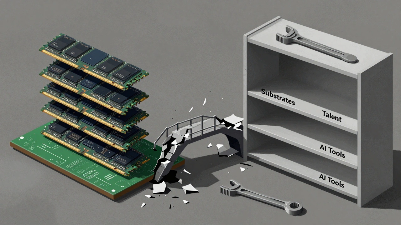 A fractured supply chain with stacked AI chiplets on one side and broken tools and empty shelves on the other, symbolizing bottlenecks.
