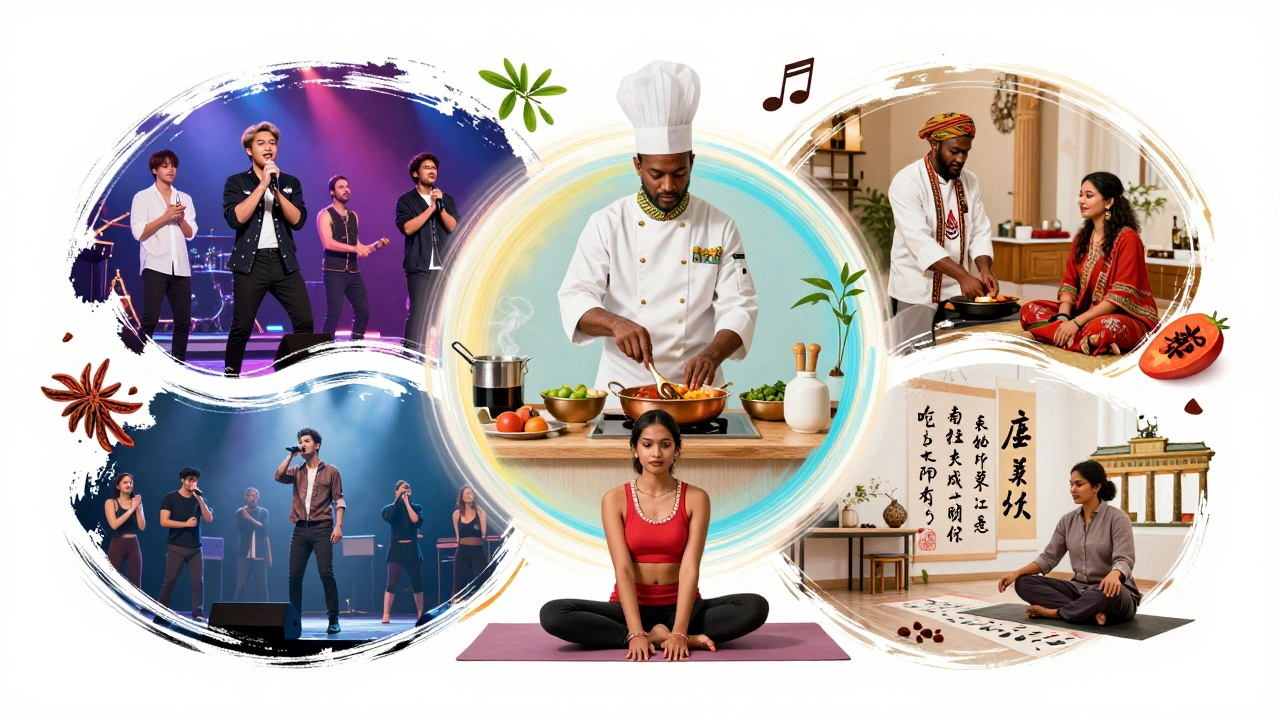 A global mosaic of cultural exchange featuring K-pop, yoga, cooking, and calligraphy in vibrant, interconnected scenes.