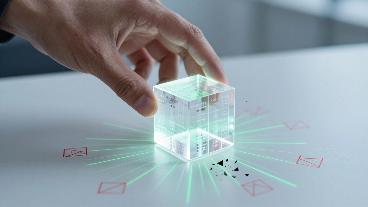 A glowing data cube with clean metrics above shattered error signs, representing high-quality data foundation.