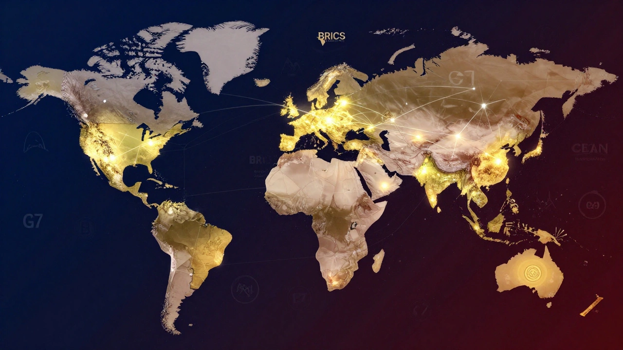 A glowing global network connecting BRICS and Global South nations, replacing outdated power structures.