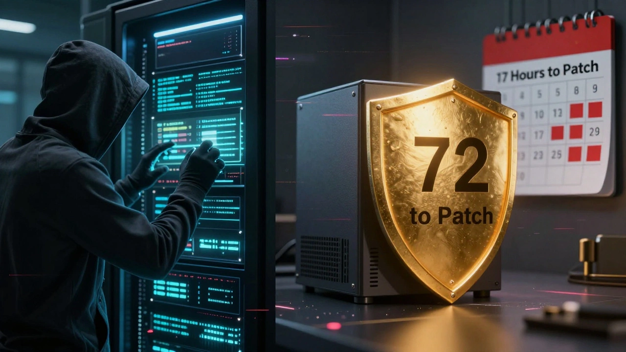 A hacker's attack on the left, blocked by an unbreakable immutable backup system on the right, with patch countdown and restore calendar.