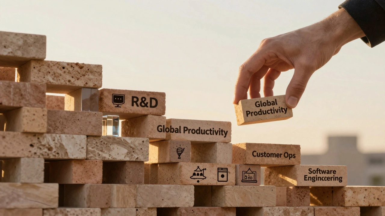 A hand builds a massive productivity structure brick by brick, each inscribed with icons of key AI-impacted industries.