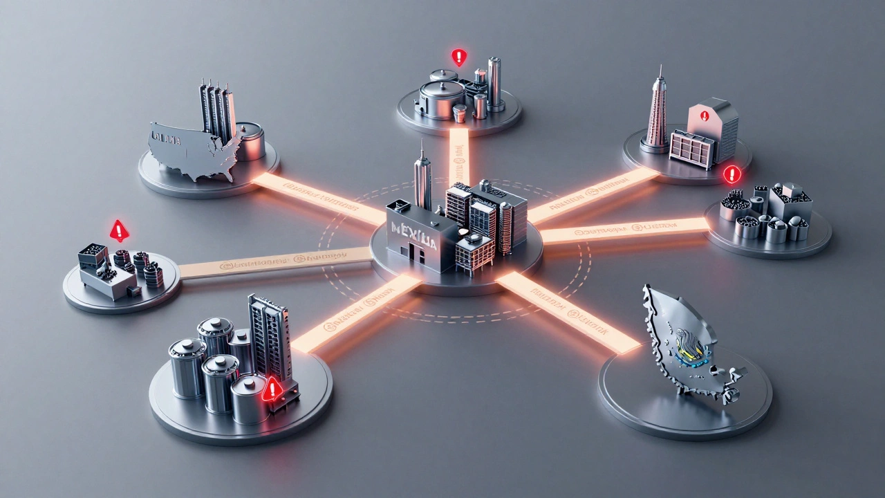 A network of manufacturing nodes across North America with glowing connections, showing redundancy and adaptive supply chain resilience.